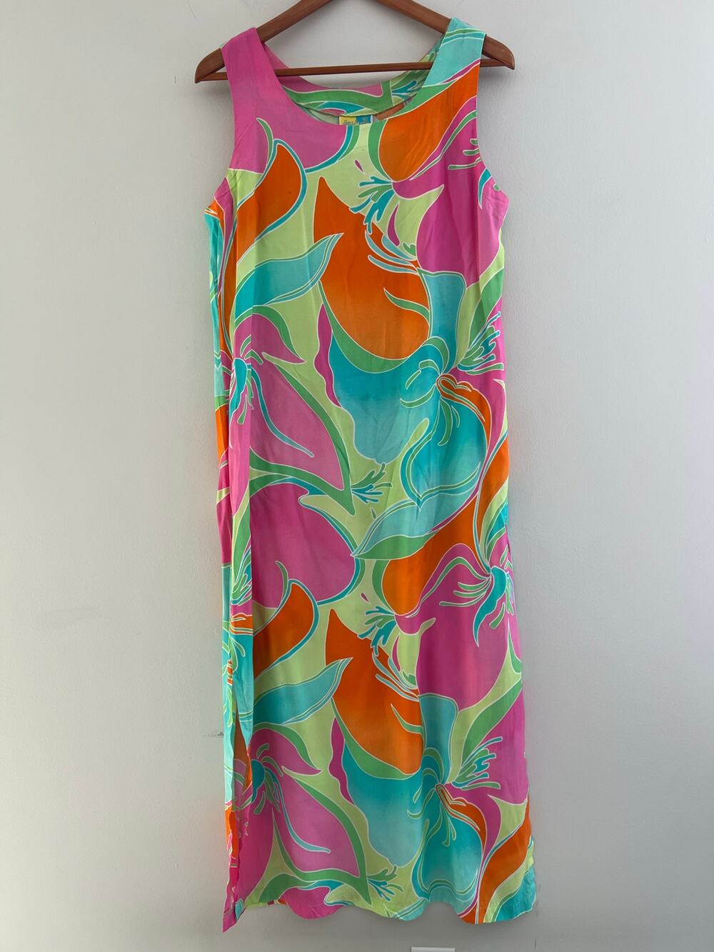 Vintage Sleeveless Rayon Maxi Sundress Pink Blue Abstract Size Medium SG